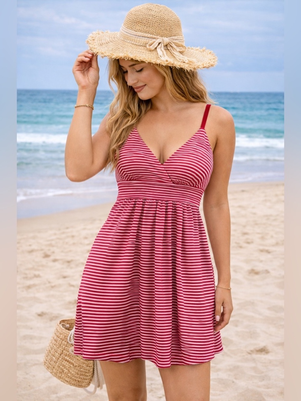 Forever 21 Red Pink Striped Sundress Medium Babydoll Tie Back Summer Dress